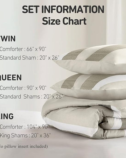Twin Comforter Set, 2 Pieces Striped Bed Set, Soft Brushed Microfiber Reversible Bedding Set for All Season, Lightweight & Breathable Bedding Set with Comforter & Sham, Neutral
