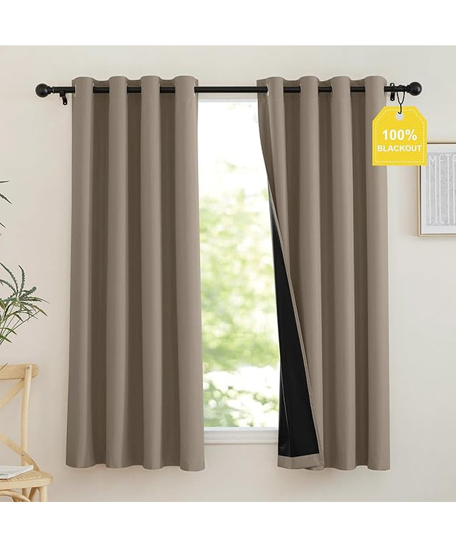 NICETOWN 100% Full Blackout Portable Curtains for Bedroom, Grommet Lightweight Travel Black Out Shades Window Treatments Thermal Curtains for Laundry/Kitchen, Tan, W52 x L63, 2 Panels