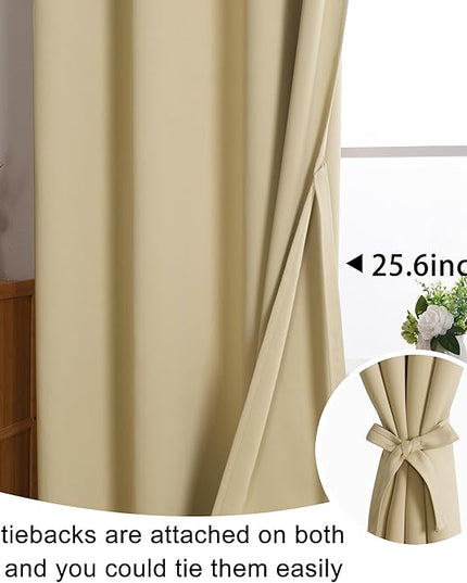 JIUZHEN Light Beige Blackout Curtains with Tiebacks - Thermal Insulated, Light Blocking and Noise Reducing Grommet Curtains for Bedroom and Living Room, 2 Window Curtain Panels, 60 x 72 Inch Length