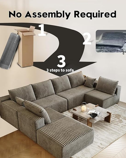139.4" Modular Sectional Sofa, Oversized U-Shaped Minimalist Couches with 2 Middle Seats and 1 Ottoman Chaise, Modern Deep Seat Convertible Sleeper Sofa, Cloud Plush Corduroy Fabric,7 Seater, Camel