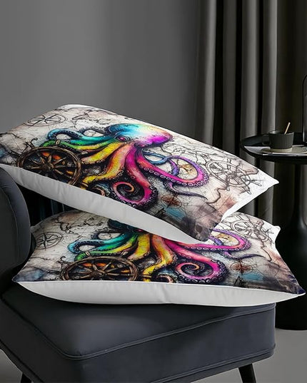AILONEN Octopus Window Drapes Comforter Set Full Size,Nautical Adventure Map & Ship Wheel Bedding Sets,Ocean Animal Sealife Duvet Set,3-Piece, 1 Quilt and 2 Pillowcases,Soft Microfiber