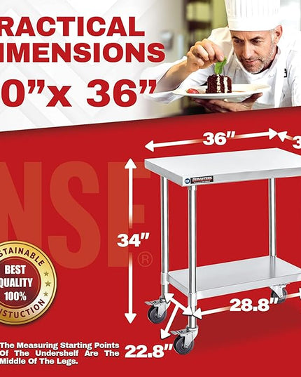 DuraSteel 30x36 NSF Stainless Steel Cart Work Table - Heavy Duty Rolling Food Prep Table Countertop Island - Metal Utility Cart on Wheels Caster, Grill Stand Storage Outdoor Kitchen Tables Bar Top