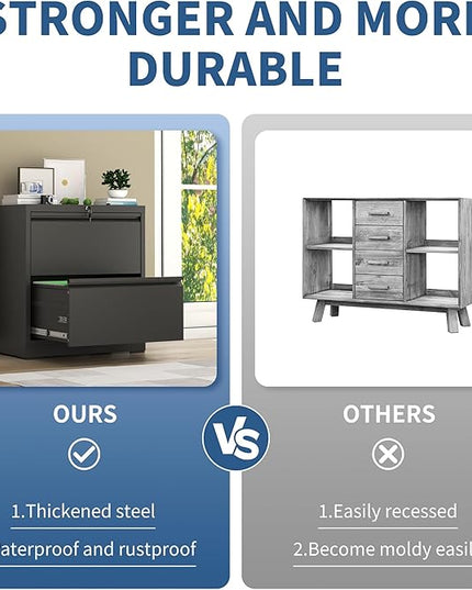 2 Drawer File Cabinet with Lock, Black Metal Lateral Filing Cabinets for Home Office, Heavy Duty Steel Horizontal Locking Storage Cabinet for Legal/Letter/A4 Size File, Assembly Require