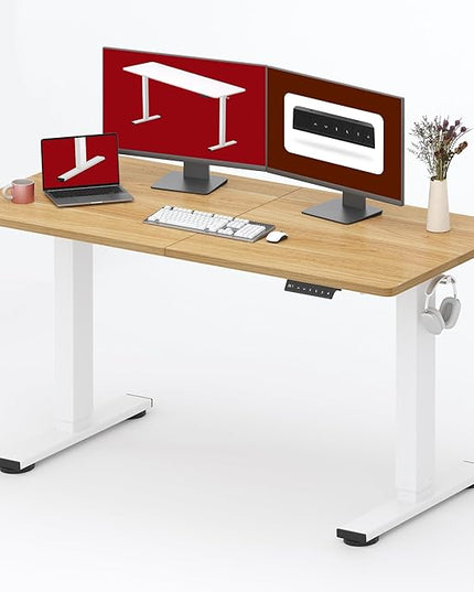 SANODESK Standing Desk Height Adjustable Electric Stand up Desk 55x24 Inches Sit Stand Home Office Desk with Splice Board, White Frame/Maple Top