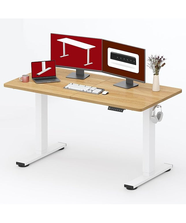SANODESK Standing Desk Height Adjustable Electric Stand up Desk 55x24 Inches Sit Stand Home Office Desk with Splice Board, White Frame/Maple Top