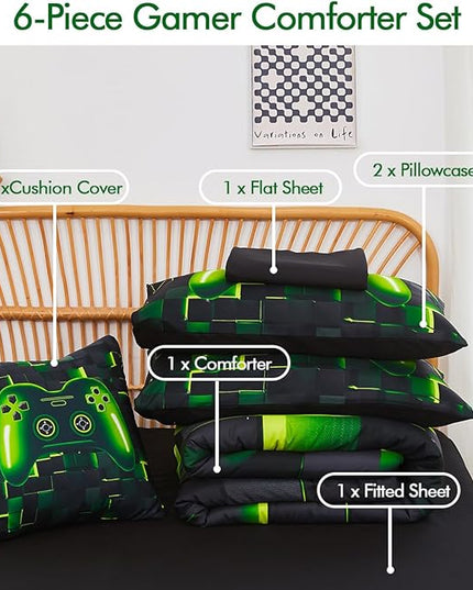 PERFEMET 6 Pcs Gaming Bedding Set Queen Size Green Game Console Kids Bed in A Bag 3D Black Gamer Comforter Set with Sheets for Boys Teen Lightweight Video Gamepad Bedroom Set(Green, Queen)