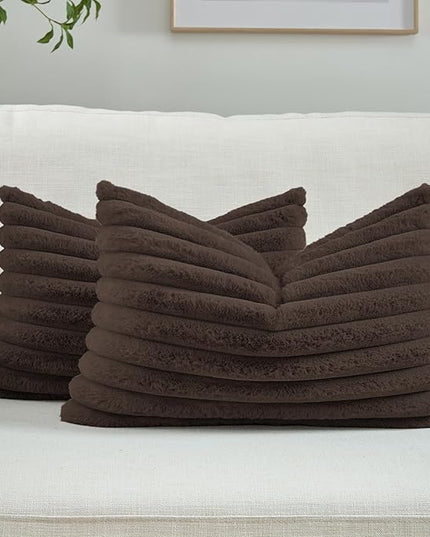 FUTEI Dark Coffee Throw Pillow Covers Set of 2, 12x20 Inch Striped Texture Lumbar Pillow Cases with Soft Faux Rabbit Fur Front & Velvet Back, Modern Decorative Couch Pillows for Living Room