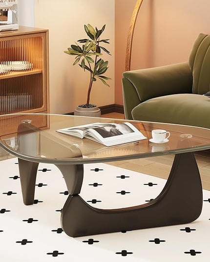 Coffee Table for Living Room Mid Century Modern Center Table with Glass Top and Wood, Transparent/Black