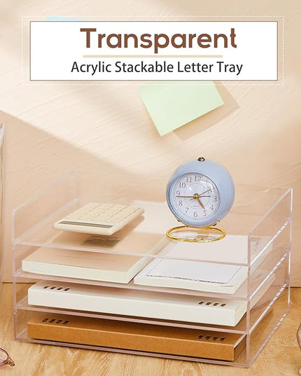 Harloon 4 Tier Acrylic Paper Tray 12.4 x 8.9 x 1.7 Inches Stackable Letter Clear Organizer No Need to Assemble Acrylic Paper Organizer File Tray for Office Workspace Desktop Storage(Transparent)