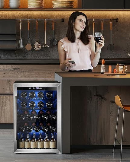 Wine Cooler 37 Bottle Freestanding Fridge with Stainless Steel Reversible Glass Door, 145 Can Beverage Refrigerator Quiet Compressor for Home Kitchen Bar, 4.5 Cu.ft Silver