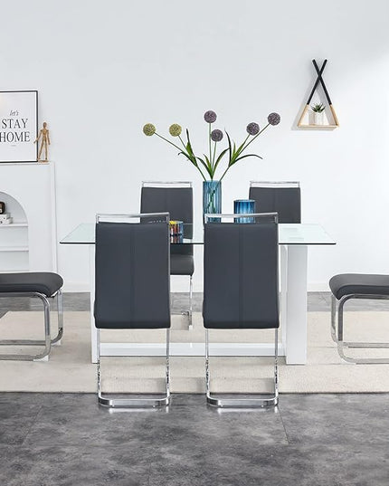 Ebullient Glass Dining Table Set for 6, Modern Dining Table Set for 6, Tempered Glass Tabletop with White MDF Trapezoid Legs, Rectangle Kitchen Table with 6 Faux Leather Chairs for Home, Apartment