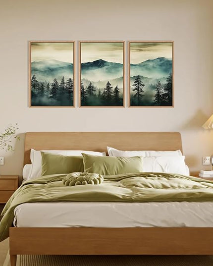 HOURIA Large Boho Mountain Forest Framed Canvas Wall Art Set,Nature Foggy Woodland Wall Decor,Modern Pine Tree Artwork,Watercolor Botanical Art Print for Living Room,Bedroom,Farmhouse- 16"x24"x3