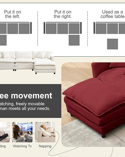 Modular Sectional Sofa,108.27'' Modern Sofa Sleeper Couch with 3 Seat & 1 Ottoman & 3 Pillows Sofa Set, Comfy Cloud Couches with Movable Ottoman for Living Room,Chenille (Wine red, L Shaped)