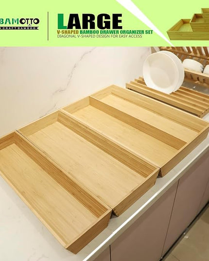 V-Shaped Bamboo Drawer Organizer Set of 3, Kitchen Large and Long Utensil Plate, Flatware & Silverware Storage Box, Wood Drawer Organizer for Bedroom, Living Room (19.6"x5.7" & 7.8" & 12.4")