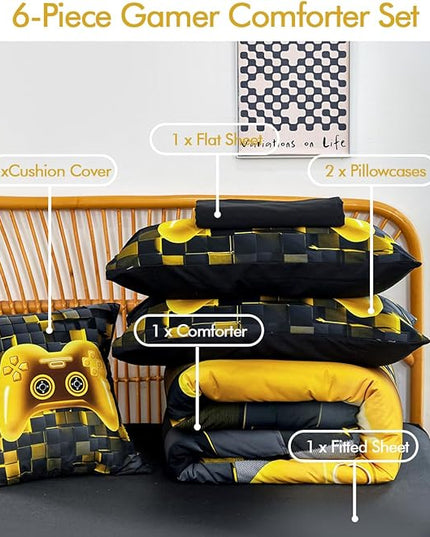 PERFEMET 6 Pieces Queen Bed in A Bag Gamer Black and Gold Boys Comforter Set with Sheets Soft Fluffy 3D Cool Video Game Kids Bedding Set for Teen Girls(Gold, Queen)