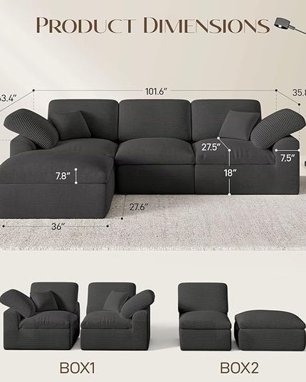 Cloud Sectional Couches for Living Room, L Shaped Modular Sectional Sofa with Ottoman, Convertible Corduroy Couch for Apartment, 4 Seater Boneless Comfy Cloud Sofa, No-Assembly, Grey