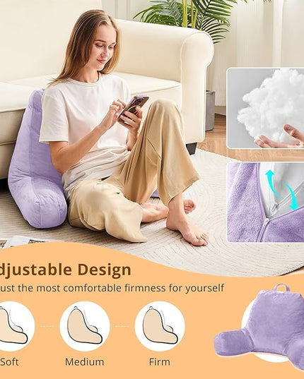Sasttie Reading Pillow, Velvet Back Pillow for Bed Sitting Up, Adult Back-Rest Support Cushion with Arms for Sit Up on Couch, Sofa, and Floor, Dorm Essentials, Reading Accessories, Lavender