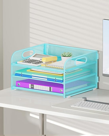 3 Tier Paper Organizer with Handle, Metal Desk Organizer Mesh Paper Letter Tray Desktop File Folder Document Sorter for Classroom, School, Office Accessories Organization and Storage - Blue