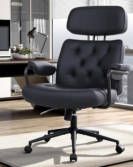 Big and Tall Office Chair 500LBS, Executive Office Chair for Heavy People, Heavy Duty Desk Chair Comfy, Computer Chair High Back PU Leather, Extra Wide Rocking Chair with Wheels Home Office, Black 2PC