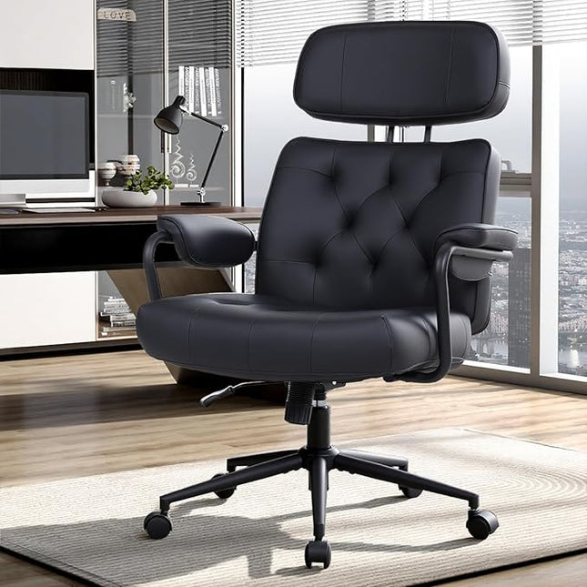 Big and Tall Office Chair 500LBS, Executive Office Chair for Heavy People, Heavy Duty Desk Chair Comfy, Computer Chair High Back PU Leather, Extra Wide Rocking Chair with Wheels Home Office, Black 2PC