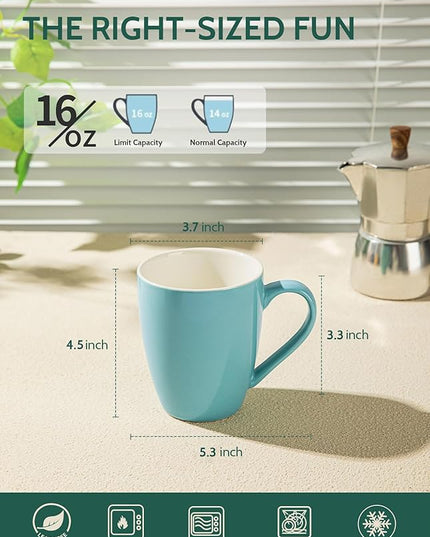 Sweese Porcelain Coffee Mugs - 16 Ounce (Top to the Rim) for Coffee, Latte, Tea, Cocoa, Set of 4, Turquoise
