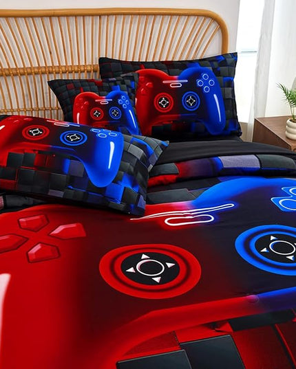 PERFEMET 6 Pieces Kids Comforter Sets Twin Size Red and Blue Game Console Bedding Set for Boys Girls Soft Fluffy 3D Cool Teen Gamer Bed in A Bag for All Seasons(Red Blue, Twin)