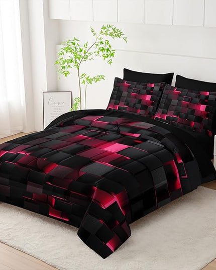 Geometric Pink Black Queen Comforter Set,Light Honeycomb Bedding Set 7 Piece in A Bag,Bed Sheet Set Geometry Decor,Microfiber Lightweight All Season