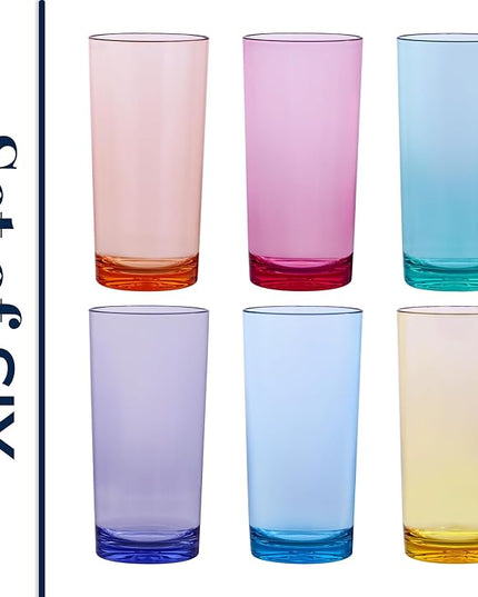 US Acrylic Classic Plastic Reusable Drinking Glasses (Set of 6) 24oz Iced Tea Cups Assorted Colors | BPA-Free Tumblers, Made in USA | Top-Rack Dishwasher Safe