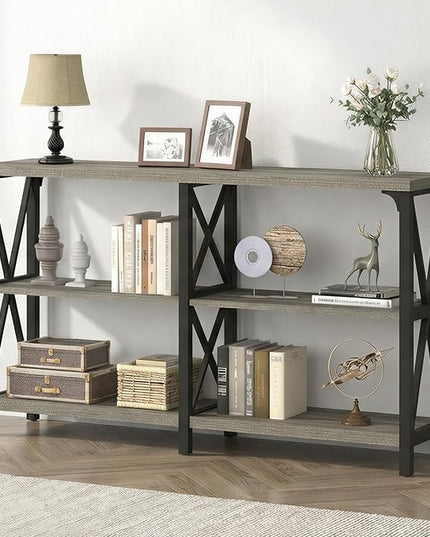 IBF Long Entryway Console Table, Industrial Metal Wood Entry Table with Storage Shelves, Modern Rustic 3 Tier Sofa Table for Entry Way Hallway Behind Couch Living Room Bedroom, Light Grey Oak, 63 Inch