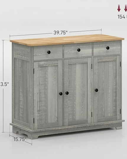 HOMCOM Sideboard with Solid Wood Countertop, Modern Kitchen Storage Cabinet, Coffee Bar Cabinet with 3 Drawers, Doors and Adjustable Shelf, Distressed Light Gray