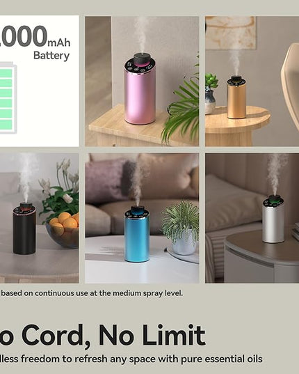 Waterless Essential Oil Diffuser Aromatherapy Scent Diffusers for Home Large Room, Bedroom, Car, Office, Desk, Battery Operated Mini Portable Air Freshener, 3 Countdown Timers & 3 Mist Levels