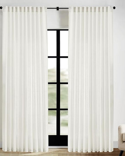 XTMYI Extra Wide Curtains 70 in Width for 72 Inch Window,Pleated Back Tab Linen Semi Sheer Full Length Curtains for Living Room Sliding Glass Door 2 Panel Set,72x90,70x90,6FT x 90 Inches Long,Cream
