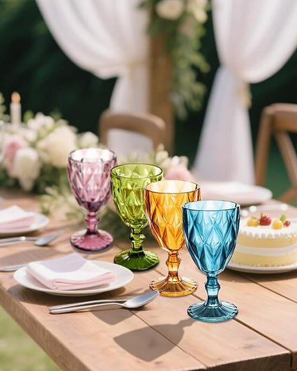 32 Pack Vintage Wine Glasses, Plastic Reusable 12 Ounce Colored Water Goblets, Unique Embossed Pattern Unbreakable Stemmed Wine Glasses, High Clear Wedding Party Bar Drinking Cups Multicolor
