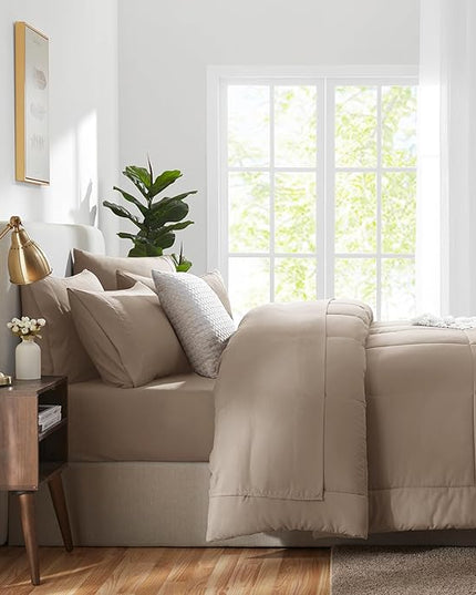 CozyLux King Size Comforter Set Khaki, 7 Pieces Bed in a Bag, Khaki Comforter King Size, All Season Bedding Sets with Stitch Quilted Comforter, Flat Sheet, Fitted Sheet, Pillowcases