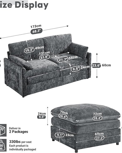 Tbfit Living Room Furniture Set, Loveseat Couch & Ottoman, Modern Comfy Cloud Sofa Set, Spring Seat Cushions, Chenille, Gray