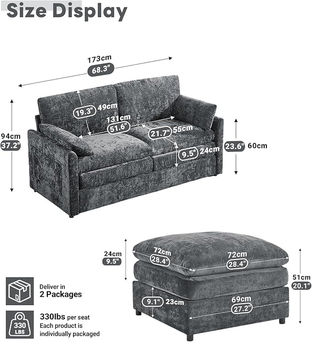 Tbfit Living Room Furniture Set, Loveseat Couch & Ottoman, Modern Comfy Cloud Sofa Set, Spring Seat Cushions, Chenille, Gray
