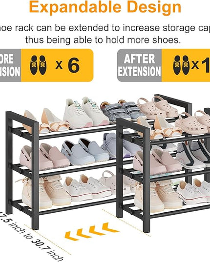 3-Tier Expandable Shoe Rack – Adjustable Heavy-Duty Metal Shoe Organizer Shelf for Closet, Entryway, Mudroom & Garage – Durable Freestanding Storage, Black