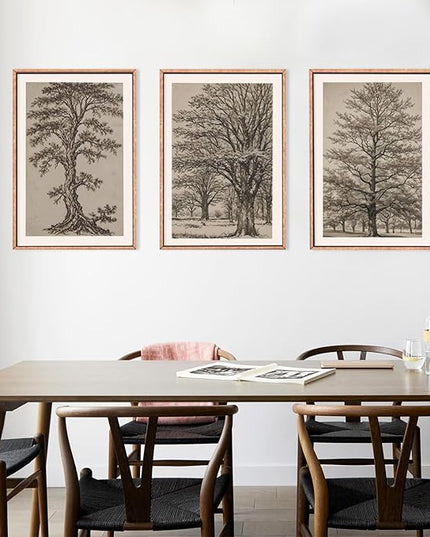 HOURIA Vintage Tree Sketch Framed Canvas Wall Art Set,Natural Brown and Gray Woodland Wall Decor,Mid Century Nature Forest Artwork,Textured Botanical Art Print for Living Room,Bedroom,Office-24"x36"x3