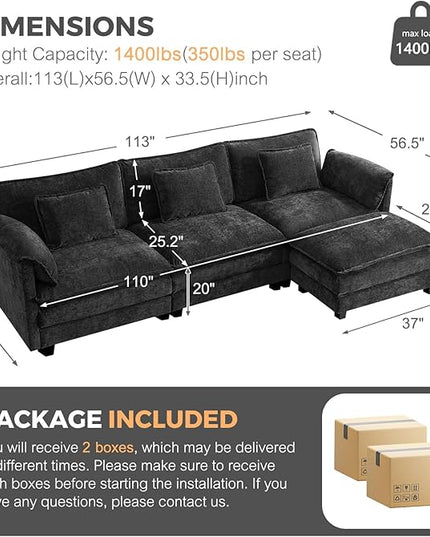 ELUCHANG 113" Modular Sectional Sofa, Comfy Cloud Couch Deep Seat Sofa Couches for Living Room, Modern Sofa with Movable Ottoman and Throw Pillows, DIY Combination - Chenille Black