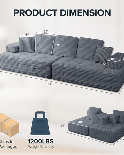 Marine Moon 111" Modular Sectional Sofa, 4-Seat Oversized Deep Seat Cloud Couch, No Assembly Required, Convertible Straight Sofa to L-Shaped for Living Room, Apartment & Home, Gray
