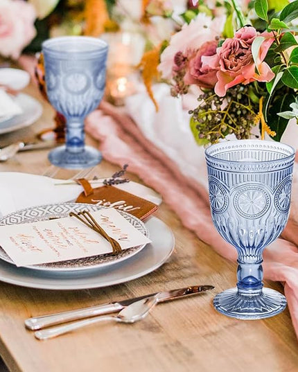 12 Pack Vintage Wine Glasses, Plastic Reusable 12 Ounce Colored Water Goblets, Unique Flower Embossed Pattern Unbreakable Stemmed Wine Glasses High Clear Wedding Party Bar Drinking Cups Blue