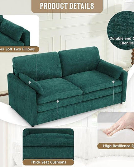 69" Chenille 2 Seats Sofa with 2 Pillows, Modern Upholstered Sofa with Deeper Seats, Comfy Sofa with Thickened Cushions for Living Room, Apartment,Teal
