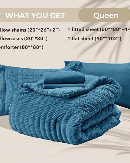 HYMOKEGE Teal Queen Comforter Set Seersucker 7 Pieces, All Season Luxury Bed in a Bag for Bedroom, Bedding Set with Comforters, Sheets, Pillowcases & Shams