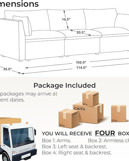 CHITA Luxury Oversized Sectional Modular Sofa, Premium Down Filled Cloud Couch, FSC Certified Comfty Deep Seat Sectional for Living Room, 3 Seat, 114‘’ Width, Cream