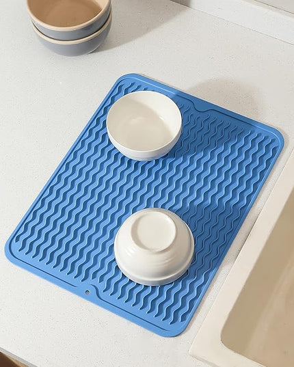 Silicone Dish Drying Mat for Multiple Usage,Easy clean,Eco-friendly,Heat-resistant Silicone Mat for Kitchen Counter or Sink,Refrigerator or Drawer liner Lichen BlueL M 12 inches x 12 inches