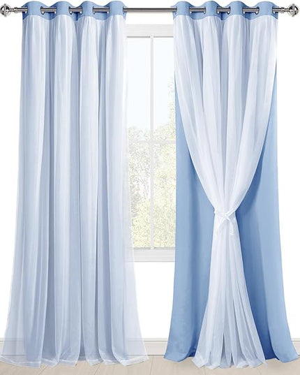Hiasan Blackout Curtains with Sheer Overlay, Mix & Match Double Layer Thermal Insulated Room Darkening Curtains for Bedroom, Living Room, 2 Window Curtain Panels with Tiebacks, Baby Blue, 52W X 108L