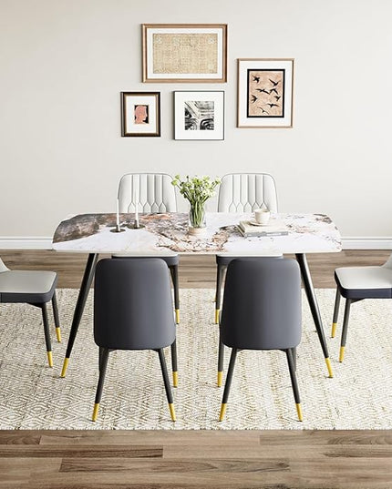 6 Chair Dining Table Set,6 Person Dining Table Set, Sintered Stone Kitchen Table Top and Modern Chairs Set of 6 for Kitchen Dining Room