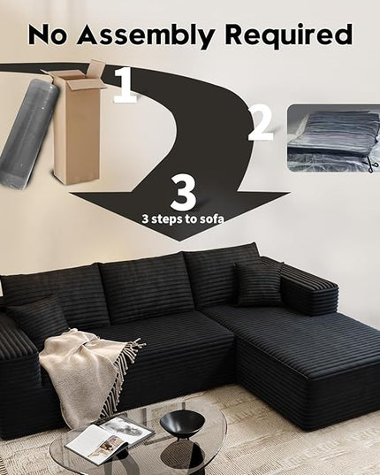 107.5" Cloud Modular Sectional Sofa Couch with L-Shape Chaise,Modern Minimalist Upholstered Couches for Living Room Bedroom,Deep Seat Corner Couch，No Assembly Required (Black,Right Facing Chaise)
