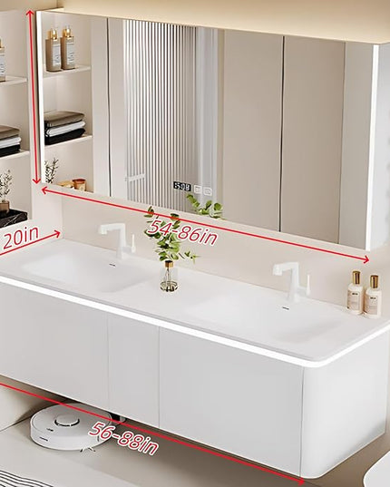80IN Modern Double Sink Bathroom Vanity, Defogging Mirror Cabinet with LED Light Strip & Time Display Screen | Wall Mounted Bathroom Vanity with Sink Include Smart Sensor Light Strip (Style B)