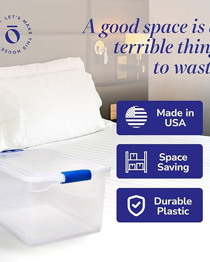 HOMZ 2-Pack Latching Lid, Large Clear Plastic Storage Bins with Lids, 66 Quart, Blue Latch - Stackable Container Boxes for Home, Bathroom, and Office Organization